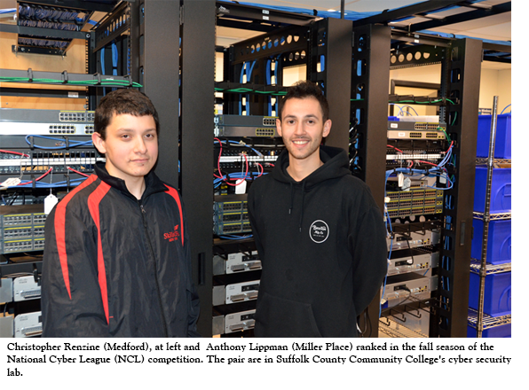Christopher Renzine (Medford), at left and  Anthony Lippman (Miller Place) ranked in the fall season of the National Cyber League (NCL) competition. The pair are in Suffolk County Community College's cyber security lab. 
