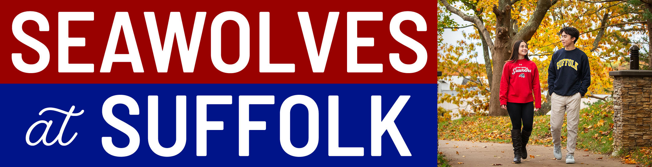Seawolves at Suffolk logo and photo of female and male student.