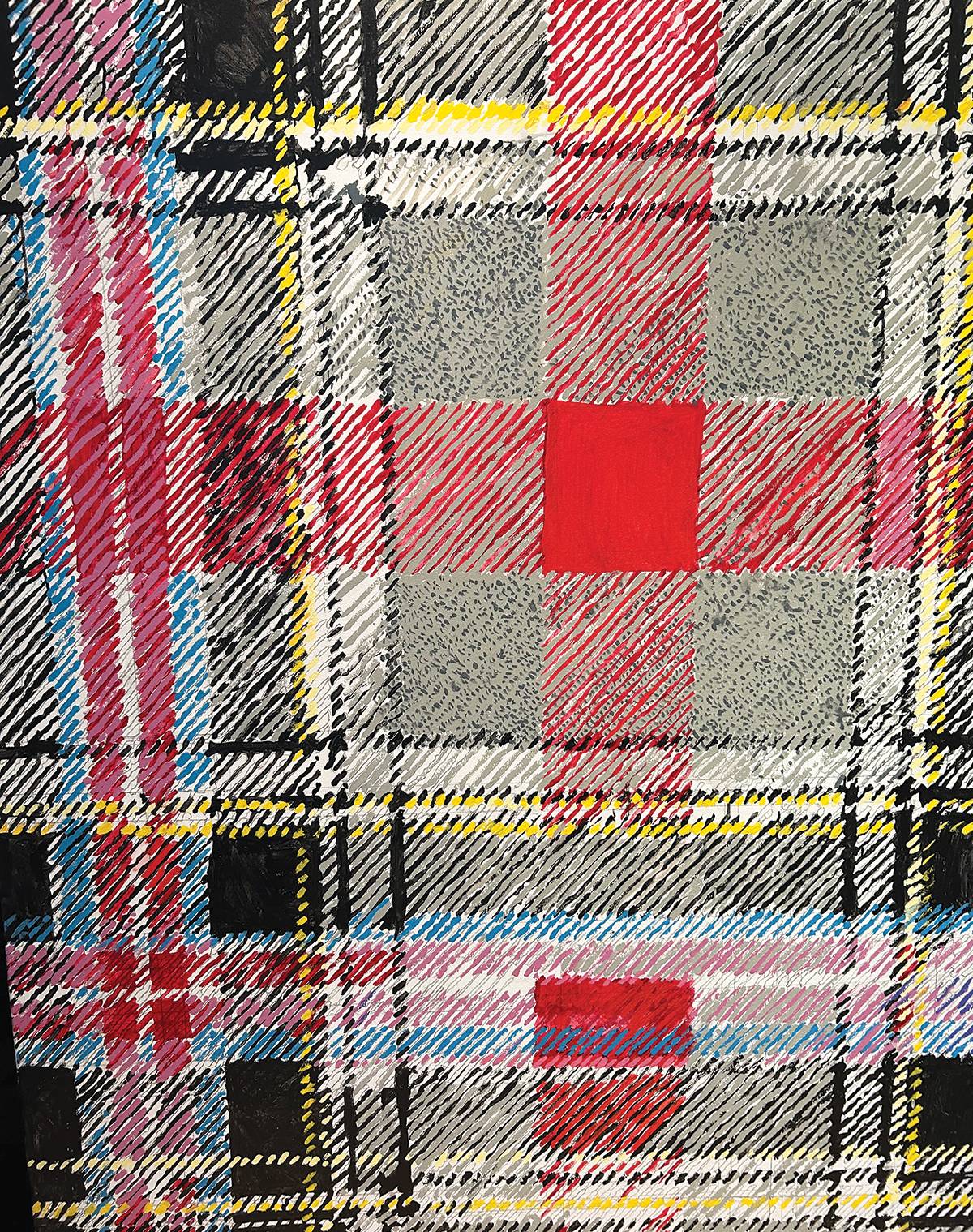 Tartan, by Annemarie Waugh, 2025, 48 x 72 inches, house paint and pencil on canvas.