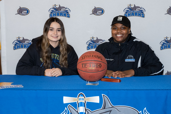 Mattituck’s Mia Khann, at left, and Riverhead’s Raleesha Sykes, right, have signed letters of intent to attend Suffolk County Community College and play for the Suffolk Sharks Women’s Basketball team.