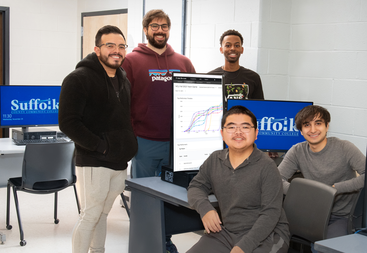 Suffolk Cyber Team: TOP, L to R: Wilson Pineda, Dylan Zagal , Enoch Gomez; BOTTOM L to R: Justin Trieu, Ryan Riazi.