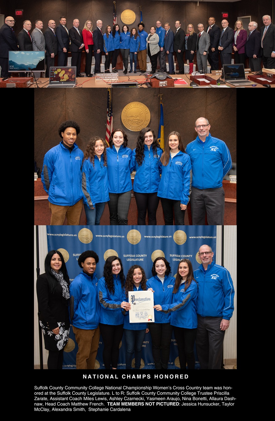 Suffolk's National Championship Women's Cross Country Team was honored by the Suffolk County Legislature 
