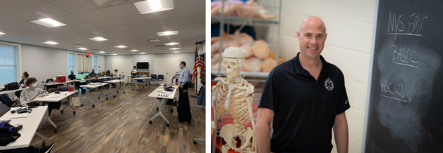 Students listen during a lecture. Suffolk County Community College’s Emergency Medical Care I course at Southampton Village Volunteer Ambulance’s new Windmill Lane facility. At right: Suffolk County Community College’s Emergency Medical Care and Fire Programs Coordinator and Professor and Assistant Academic Chair Matt Zukosky.  