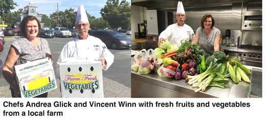 Suffolk County Community College Culinary Arts & Hospitality Program Faculty Chefs, Andrea Click and Vincent Winn, with fresh fruits and vegetables purchased through the CSA program.