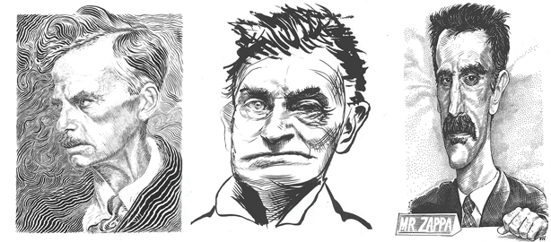 Van Howell drawings: Eugene O'Neill, John Brown, Frank Zappa