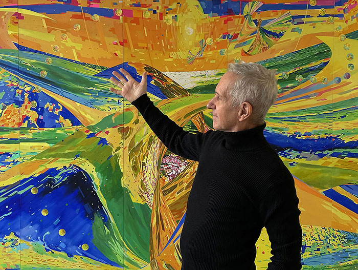 Charles Wildbank with his painting Emergence 2, 6'5" x 12'5," acrylic on panel.