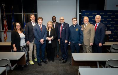 Mary Lou Araneo, Vice President for Institutional Advancement; Legislator Greg Doroski; John Pastorelli, Legislative Aide to Presiding Officer Piccirillo; Irene Rios, Vice President for Academic Affairs; Wesley Francillon, Associate Professor of Engineering; Presiding Officer of the Suffolk County Legislature Anthony Piccirillo; Joseph Pontorno, Legislative Aide to Legislator Dominick Thorne; Jon Sadowski, Adjunct Instructor – Cybersecurity; Dr. Edward Bonahue, President-Suffolk County Community College. For a hi-res image, visit: https://photos.app.goo.gl/h12WYC2oKTt3Xr929