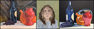 Artwork by Suffolk County Community College students (left to right): Reyhan Sigirci, of Ridge, NY: acrylic on canvas; Hayley Demares of Westhampton Beach, NY: self-portrait, acrylic on canvas; McKenzie Boyd of Port Jefferson Station, acrylic on canvas.