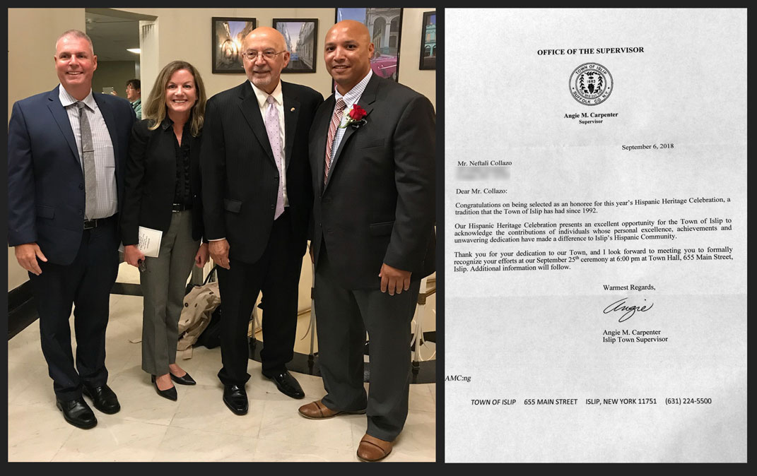 Collazo was joined by colleagues from Suffolk County Community College, from left, Dr. Christopher Adams, vice president for student affairs; Alicia O'Connor, deputy general counsel, and Louis Petrizzo, general counsel.