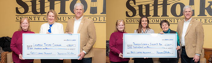  Photo Caption: (Left) Maureen Clinton, President, RASCC, Dr. Lauren Tacke-Cushing, AVP for Academic Affairs, and Dr. Edward Bonahue, President. (Right) Maureen Clinton, President, RASCC, Pamela Lynch, Professor, Biology Department, Sheila D. Fox, Adjunct Assistant Professor, Library/Visual Arts, and Dr. Edward Bonahue, President.  Hi-res photos available at: https://photos.app.goo.gl/NYk8s5sd3bWPfjZs5 and https://photos.app.goo.gl/6kBBaXHsJrd8i4Lw6 