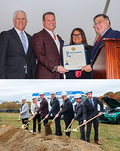 (Top): Dr. Edward Bonahue, President, Suffolk County Community College; Michael Brown, President and CEO, Empire Automotive Group; Dr. Sylvia Diaz, Deputy Suffolk County Executive for Health, Human Services and Education; Edward Romaine, Suffolk County Executive.  (Bottom) The senior leadership team from Empire Automotive Group lifts their shovels as ground is broken for the new technology training center. Michael Brown (third from left), Dr. Edward Bonahue (fourth from left) and Empire Automotive’ s Vice President Thomas Lederer (fifth from the left) who is also a member of the Suffolk Community College Foundation’s Board of Directors. For hi-res images, visit: https://photos.app.goo.gl/YWZ3oR85wkjt395M7