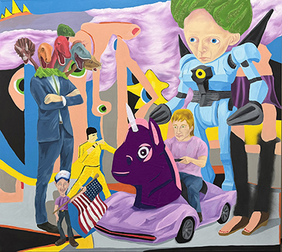 Solastalgia, 2025, Oil, Acrylic, Glitter, Felt, and Glue on Canvas, 56"h x 62" w Inches by Fred Fleisher is featured in the upcoming exhibition Anthems, Highways, & Cosmic Roadtrips, hosted at Suffolk County Community College’s Flecker Gallery on the Ammerman Campus in Selden. For a hi-res image, visit: https://photos.app.goo.gl/nYYpvt1oeGALADKYA