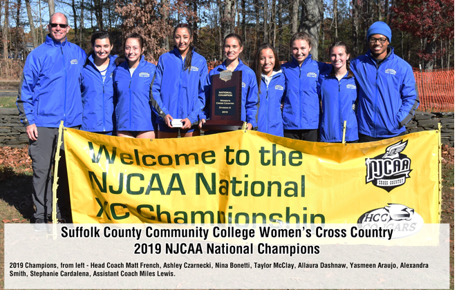 National Champions 2019 Women's Cross Country Head Coach Matt French, Ashley Czarnecki, Nina Bonetti, Taylor McClay, Allaura Dashnaw, Yasmeen Araujo, Alexandra Smith, Stephanie Cardalena, Assistant Coach Miles Lewis.