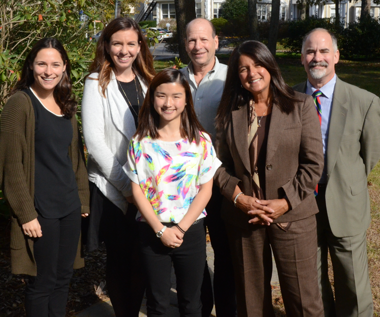 L to R: Cassie Raguso, Mill Neck Interpreters; Jennifer Forni, Suffolk County Community College  Director of Disability Services; Abigail Bethon, Gilbert Scholar, Suffolk County Community College Culinary Arts and Hospitality Management Program; Gary Joel Schacker, Chairman, Gilbert Fund Committee for the Deaf and Hard of Hearing, Suffolk Community College Foundation and Principal, United Realty; Sylvia A. Diaz, PhD, LMSW, Executive Director, Suffolk Community College Foundation and; Christopher A. Williams, Esq., Director of Development, Suffolk Community College Foundation.   