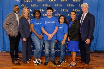 Photo Caption (left-to-right): Dr. Gerome Bell, ASAP Program Director, Sonya Lorrain, ASAP Academic Advisor, Omowunmi Adebajo, Julio Salgado, Yuriko Castillo, Lorraine De Leon, ASAP Academic Advisor, and Dr. Edward Bonahue, President of Suffolk County Community College. For a hi-res image, visit: https://photos.app.goo.gl/ACX1jFoSwV6q3Jy97