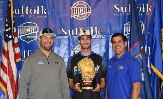 Golden Glove Award Suffolk County Community College Assistant Baseball Coach Jason Galbraith, James Mattera, and Head Baseball Coach Brian Klammer