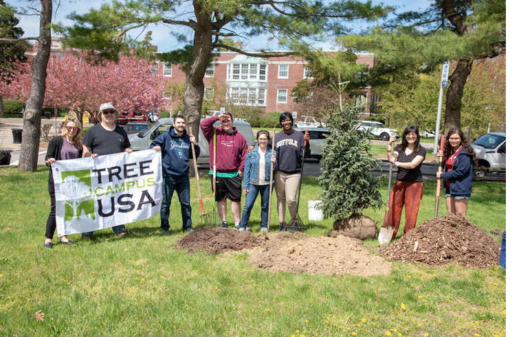 Students plant a tree on the Ammerman Campus of Suffolk County Community College. Suffolk County Community College’s three campuses have once again been honored by the Arbor Day Foundation for its commitment to effective urban forest management and awarded with 2019 Tree Campus USA® Recognition. The award marks the fourth consecutive year that Suffolk’s Eastern Campus has been designated, and the third for the Ammerman and Michael J. Grant Campuses.