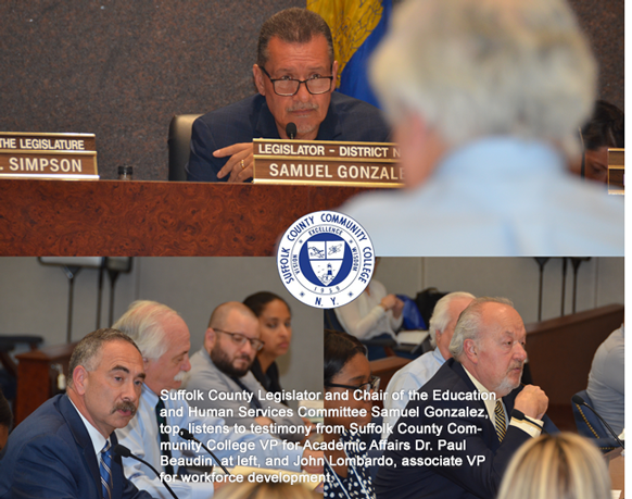 Suffolk County Legislator and Chair of the Education and HumanServices Committee Samuel Gonzalez, top, listens to testimony from Suffolk County Community College VP for Academic Affairs Dr. Paul Beaudin, at left, and John Lombardo, associate VP for workforce development.