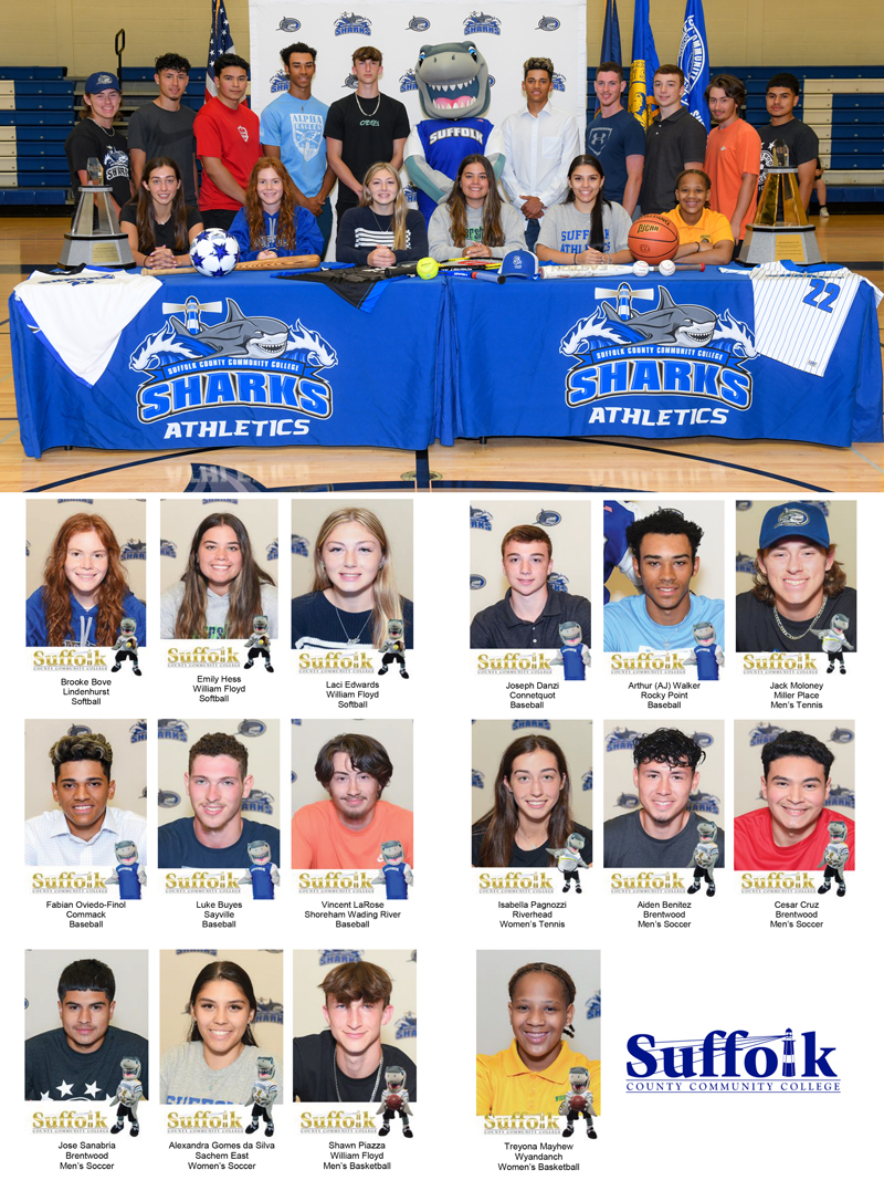 Sixteen Suffolk County high school seniors, joined by family, coaches, friends and college officials, signed letters of intent to attend Suffolk County Community College this fall and continue playing the sports they love. The group gathered at a celebratory signing ceremony at the College on Wednesday, June 8.
