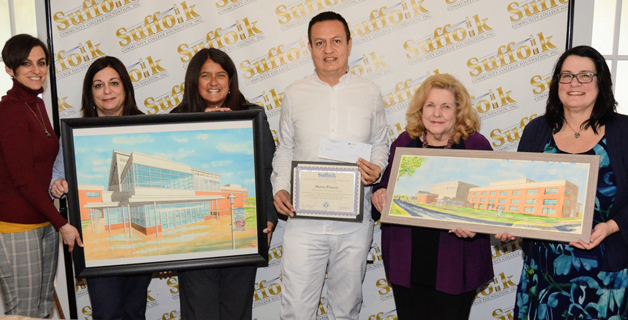 Photo L to R - Krista Svedberg, vice president of marketing, Suffolk Federal Credit Union; Laura Racioppi, AVP - executive assistant to the CEO, Suffolk Federal Credit Union; Dr. Sylvia Diaz Suffolk Community College Foundation executive director; Mario Pinzon, 2020 Striving for Excellence Award winner; June Ohrnberger, EdD, Director of ESL Programs; Mary Lou Araneo, vice president for institutional advancement.