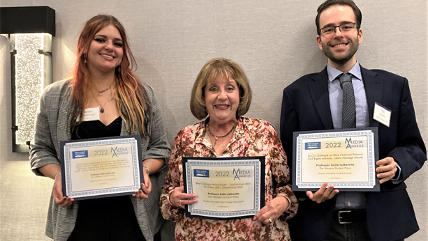 The Western Student Press staff (WSP) reporters Alyssa Ohlenschlager, at left and Tyler Jacobson, right proudly picked up wins on behalf of the WSP at the Press Club of Long Island’s Annual Media Awards contest held at the Long Island Marriott in Melville. Faculty Advisor Anita Leibowitz is center.
