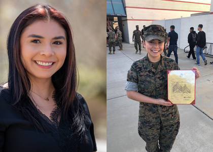 Class of 2022 Cybersecurity major Cynthia Ramos has been awarded a Fordham University Dean’s Scholarship valued at $20,000 per year in recognition of her “strong academic performance in a rigorous college/university curriculum. Ramos, at right, when she was  enlisted in the Marine Corps.