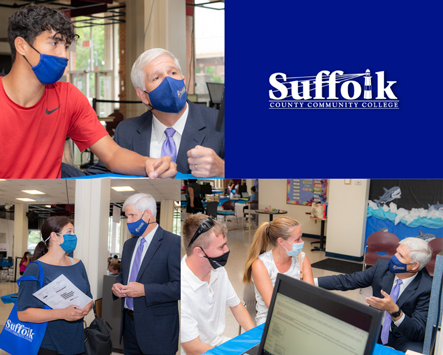 Suffolk County Community College President Dr. Edward Bonahue, at right, greeted returning and new students, clockwise from top left, Alan Farias, Landon Hoenig, and Marissa DeChiaro at the College’s in-person registration and enrollment day on the college’s Ammerman Campus in Selden. 