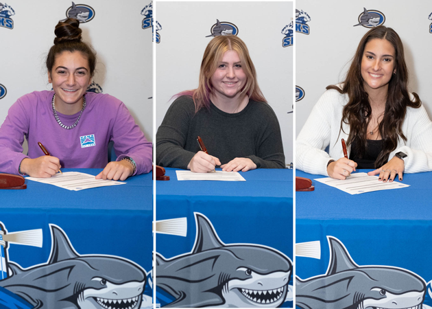 Future SHARKS! From left: Babylon High School basketball player Gemma Mendola; Lindenhurst High School women’s softball players Keelynn Kelly and Kaylin McDonald sign letters of intent to attend Suffolk County Community College.